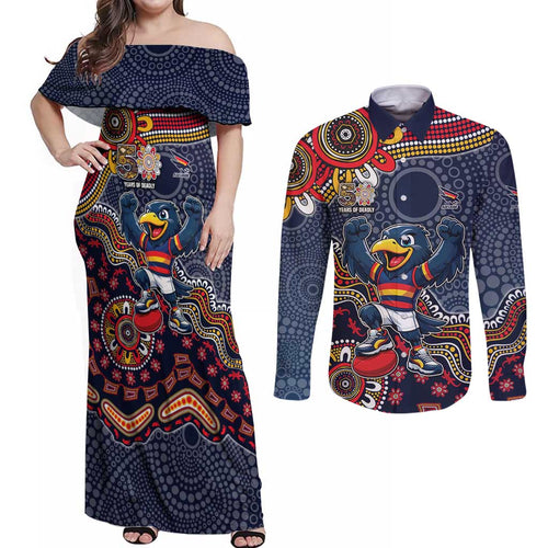Personalized Adelaide Crows Mascot Couples Matching Off Shoulder Maxi Dress and Long Sleeve Button Shirt Aboriginal Dot Art Style Vibrant Indigenous Pattern Design