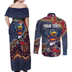 Personalized Adelaide Crows Mascot Couples Matching Off Shoulder Maxi Dress and Long Sleeve Button Shirt Aboriginal Dot Art Style Vibrant Indigenous Pattern Design