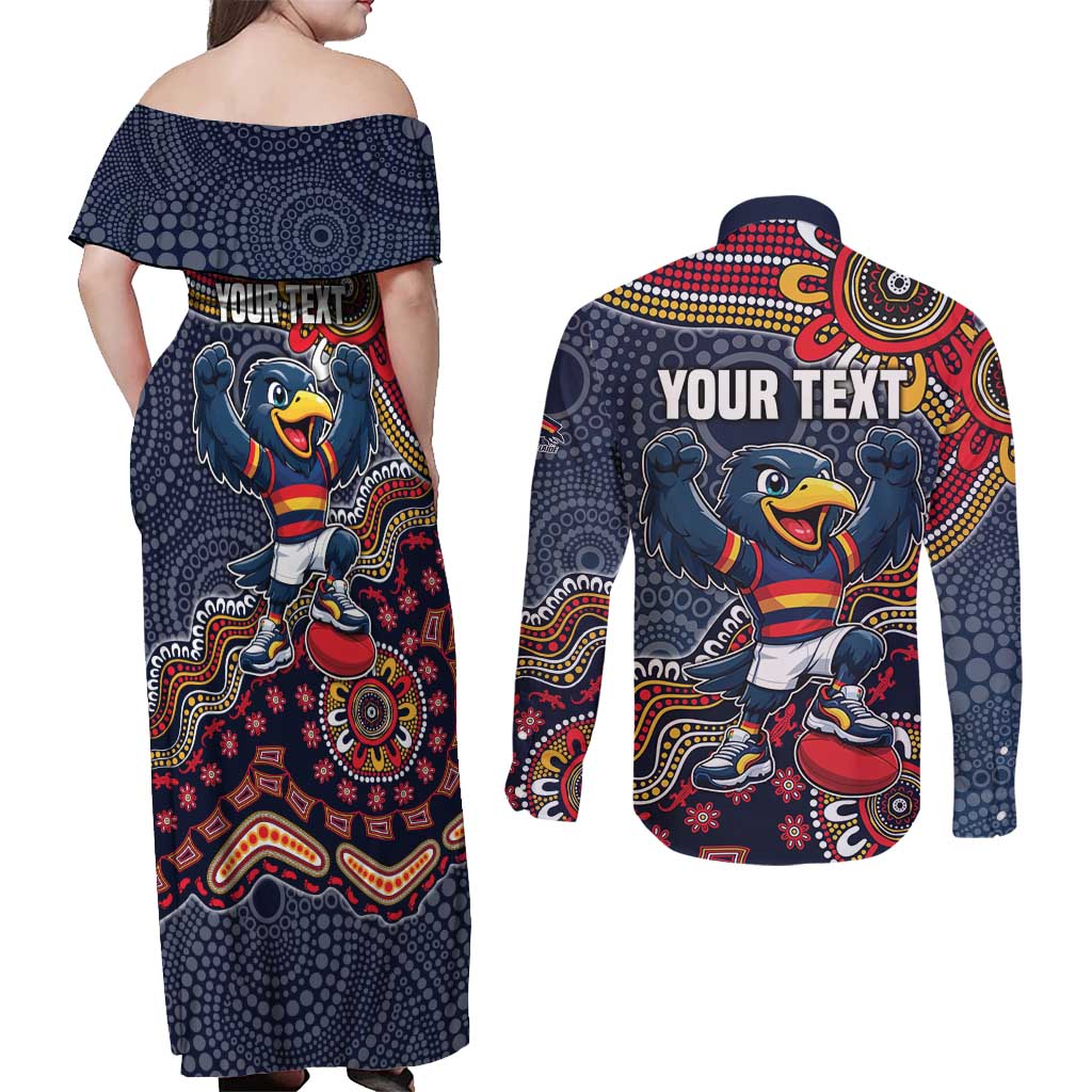 Personalized Adelaide Crows Mascot Couples Matching Off Shoulder Maxi Dress and Long Sleeve Button Shirt Aboriginal Dot Art Style Vibrant Indigenous Pattern Design