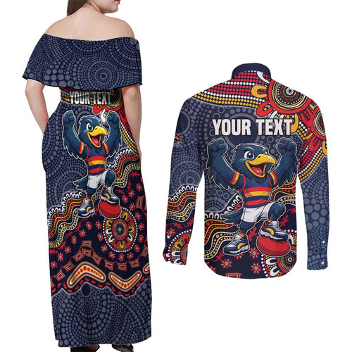 Personalized Adelaide Crows Mascot Couples Matching Off Shoulder Maxi Dress and Long Sleeve Button Shirt Aboriginal Dot Art Style Vibrant Indigenous Pattern Design