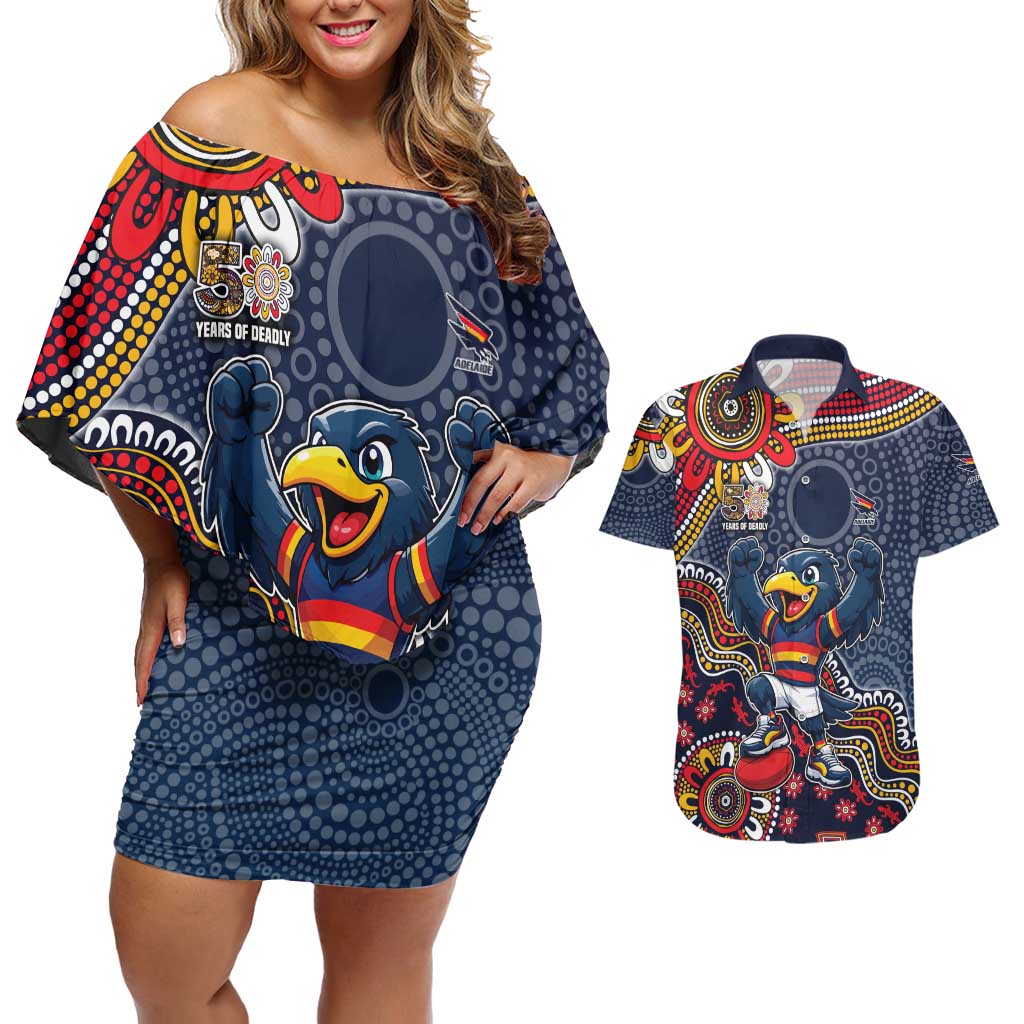 Personalized Adelaide Crows Mascot Couples Matching Off Shoulder Short Dress and Hawaiian Shirt Aboriginal Dot Art Style Vibrant Indigenous Pattern Design