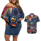 Personalized Adelaide Crows Mascot Couples Matching Off Shoulder Short Dress and Hawaiian Shirt Aboriginal Dot Art Style Vibrant Indigenous Pattern Design