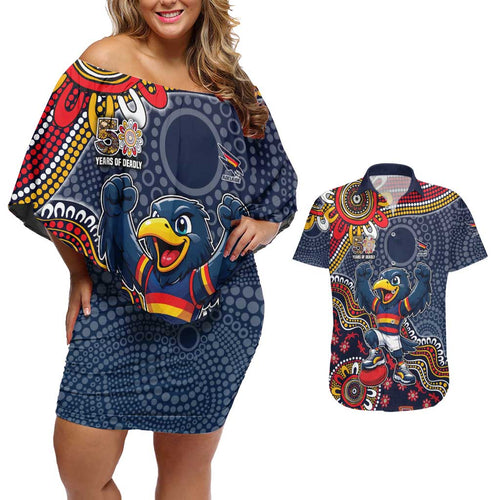 Personalized Adelaide Crows Mascot Couples Matching Off Shoulder Short Dress and Hawaiian Shirt Aboriginal Dot Art Style Vibrant Indigenous Pattern Design