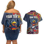 Personalized Adelaide Crows Mascot Couples Matching Off Shoulder Short Dress and Hawaiian Shirt Aboriginal Dot Art Style Vibrant Indigenous Pattern Design