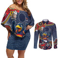 Personalized Adelaide Crows Mascot Couples Matching Off Shoulder Short Dress and Long Sleeve Button Shirt Aboriginal Dot Art Style Vibrant Indigenous Pattern Design