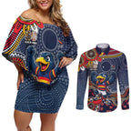 Personalized Adelaide Crows Mascot Couples Matching Off Shoulder Short Dress and Long Sleeve Button Shirt Aboriginal Dot Art Style Vibrant Indigenous Pattern Design