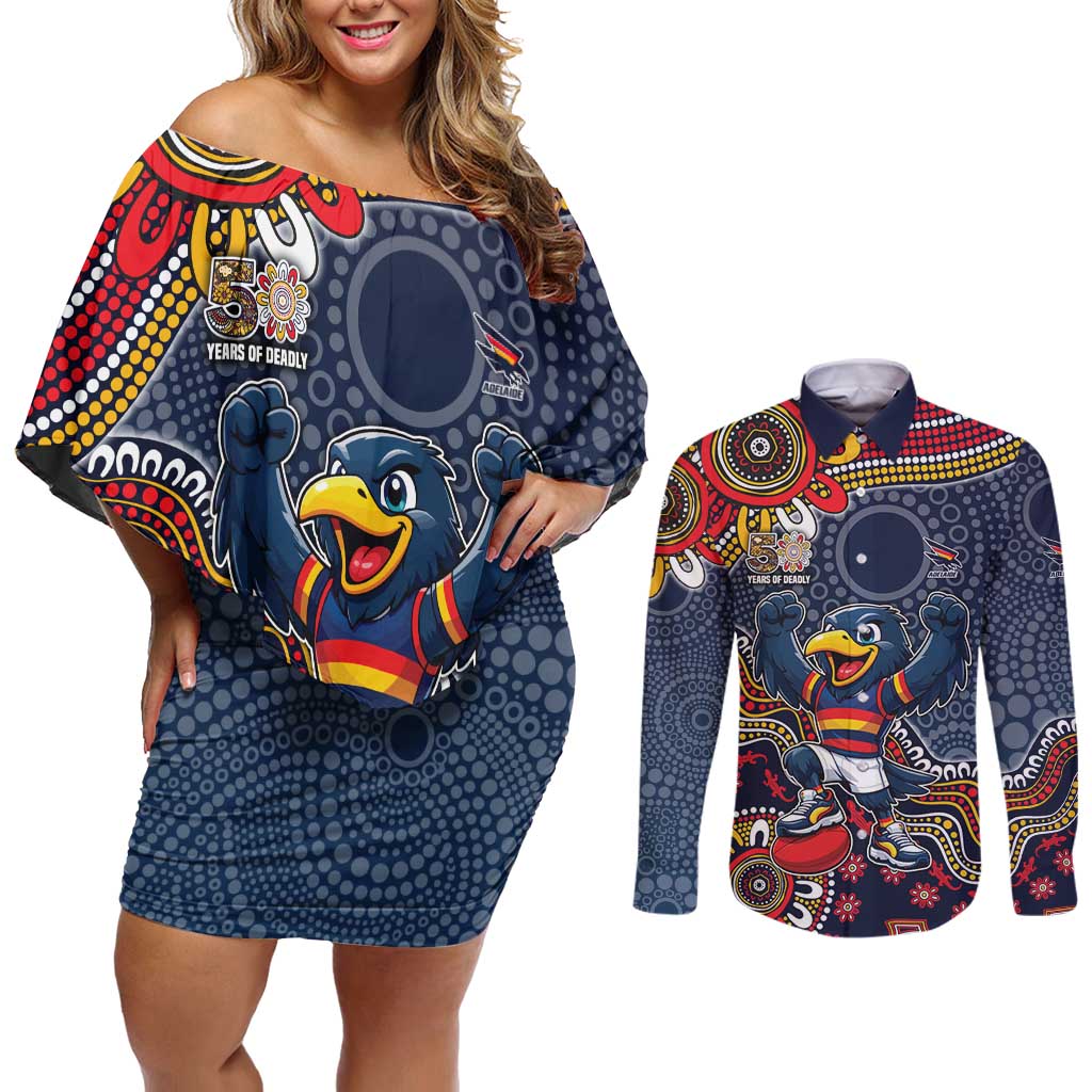 Personalized Adelaide Crows Mascot Couples Matching Off Shoulder Short Dress and Long Sleeve Button Shirt Aboriginal Dot Art Style Vibrant Indigenous Pattern Design