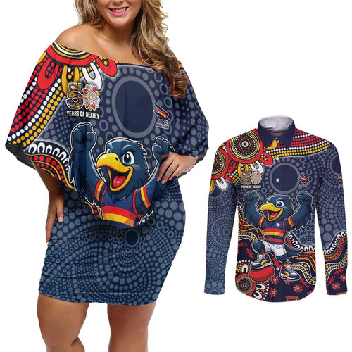 Personalized Adelaide Crows Mascot Couples Matching Off Shoulder Short Dress and Long Sleeve Button Shirt Aboriginal Dot Art Style Vibrant Indigenous Pattern Design