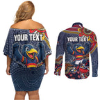 Personalized Adelaide Crows Mascot Couples Matching Off Shoulder Short Dress and Long Sleeve Button Shirt Aboriginal Dot Art Style Vibrant Indigenous Pattern Design
