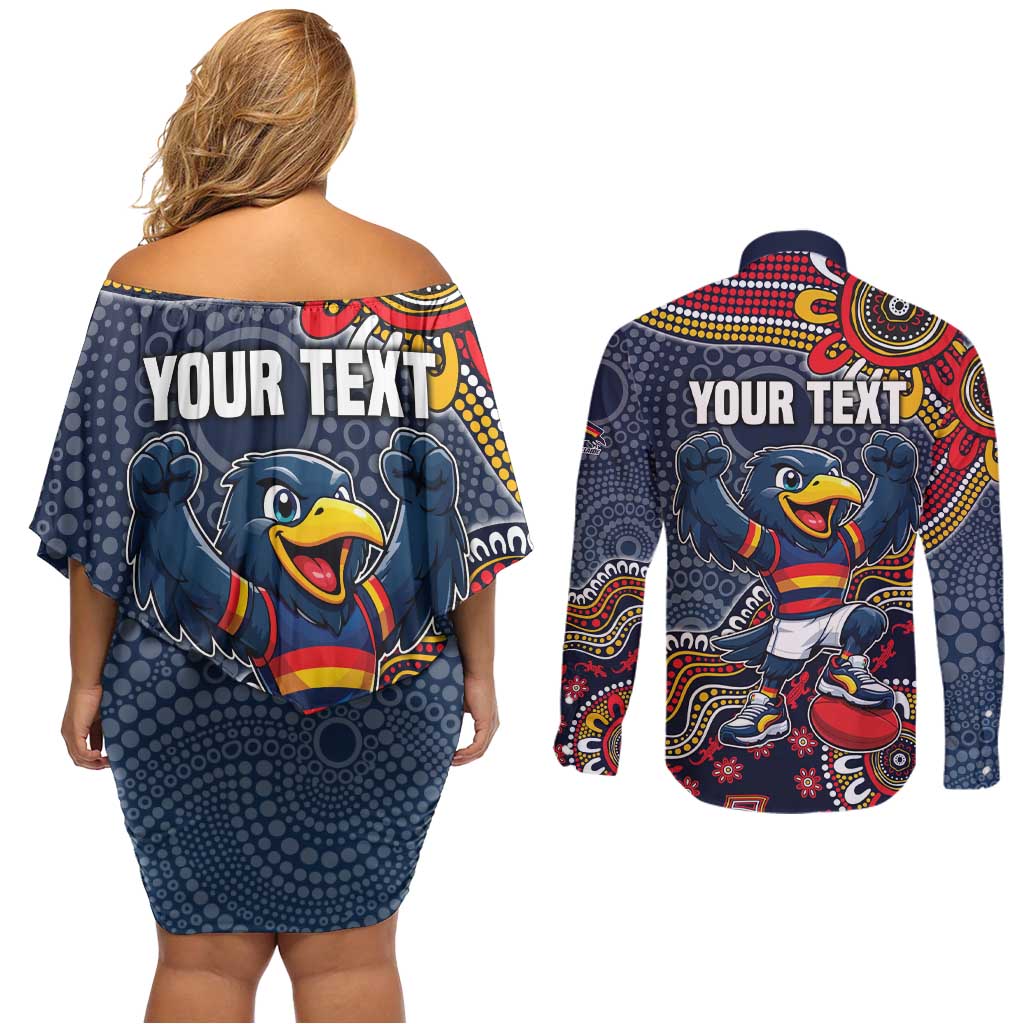 Personalized Adelaide Crows Mascot Couples Matching Off Shoulder Short Dress and Long Sleeve Button Shirt Aboriginal Dot Art Style Vibrant Indigenous Pattern Design
