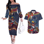 Personalized Adelaide Crows Mascot Couples Matching Off The Shoulder Long Sleeve Dress and Hawaiian Shirt Aboriginal Dot Art Style Vibrant Indigenous Pattern Design