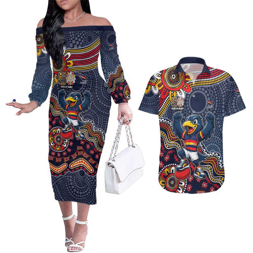 Personalized Adelaide Crows Mascot Couples Matching Off The Shoulder Long Sleeve Dress and Hawaiian Shirt Aboriginal Dot Art Style Vibrant Indigenous Pattern Design