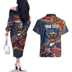 Personalized Adelaide Crows Mascot Couples Matching Off The Shoulder Long Sleeve Dress and Hawaiian Shirt Aboriginal Dot Art Style Vibrant Indigenous Pattern Design
