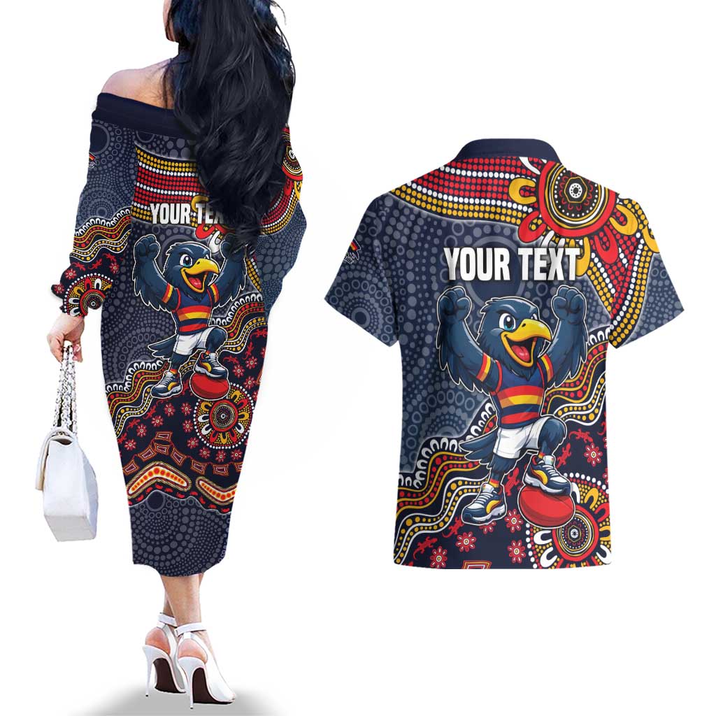 Personalized Adelaide Crows Mascot Couples Matching Off The Shoulder Long Sleeve Dress and Hawaiian Shirt Aboriginal Dot Art Style Vibrant Indigenous Pattern Design