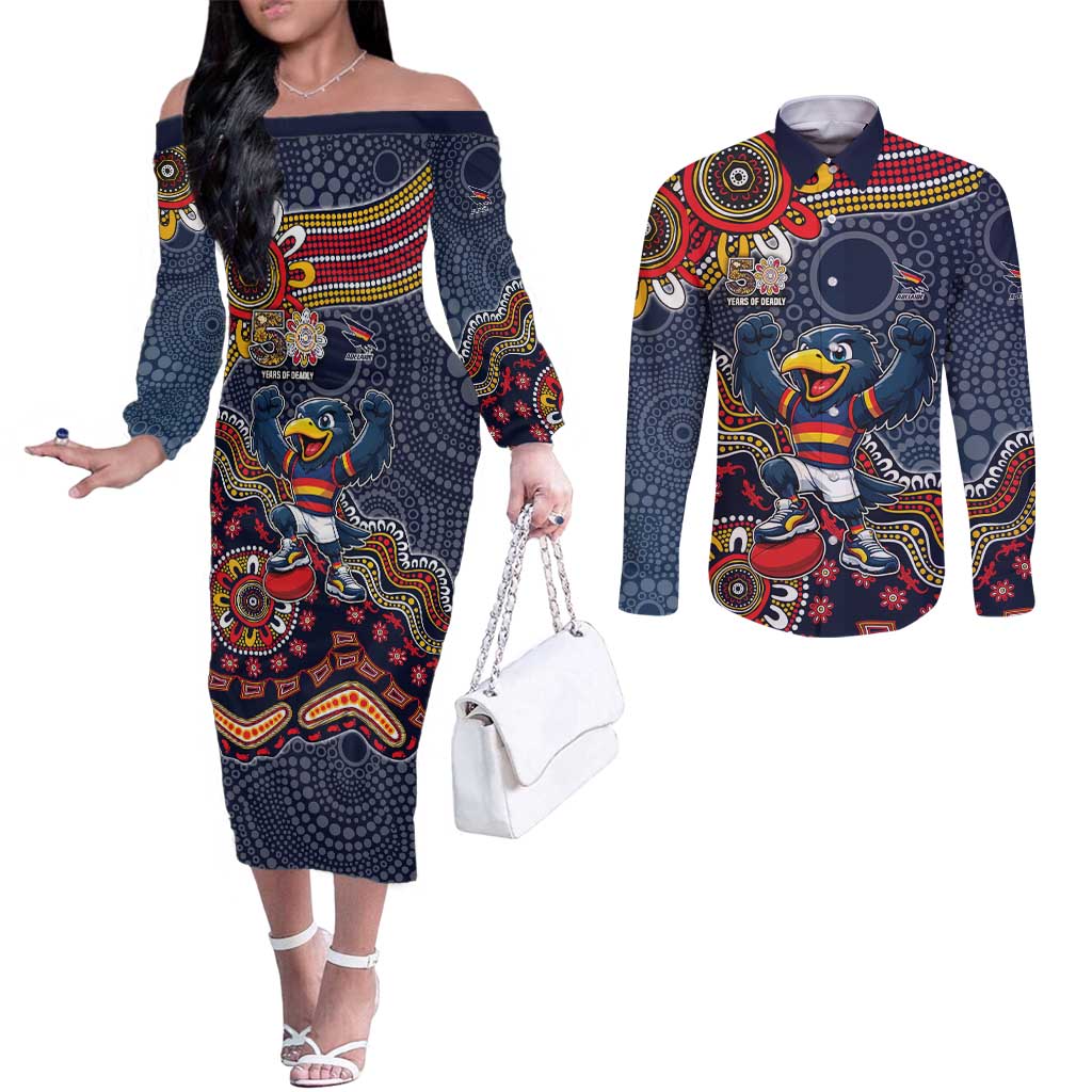 Personalized Adelaide Crows Mascot Couples Matching Off The Shoulder Long Sleeve Dress and Long Sleeve Button Shirt Aboriginal Dot Art Style Vibrant Indigenous Pattern Design