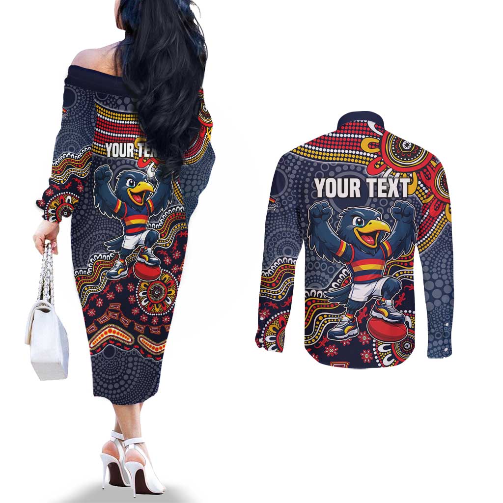 Personalized Adelaide Crows Mascot Couples Matching Off The Shoulder Long Sleeve Dress and Long Sleeve Button Shirt Aboriginal Dot Art Style Vibrant Indigenous Pattern Design