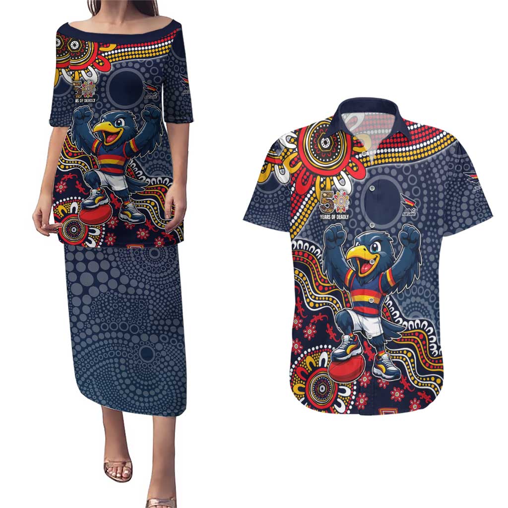 Personalized Adelaide Crows Mascot Couples Matching Puletasi and Hawaiian Shirt Aboriginal Dot Art Style Vibrant Indigenous Pattern Design