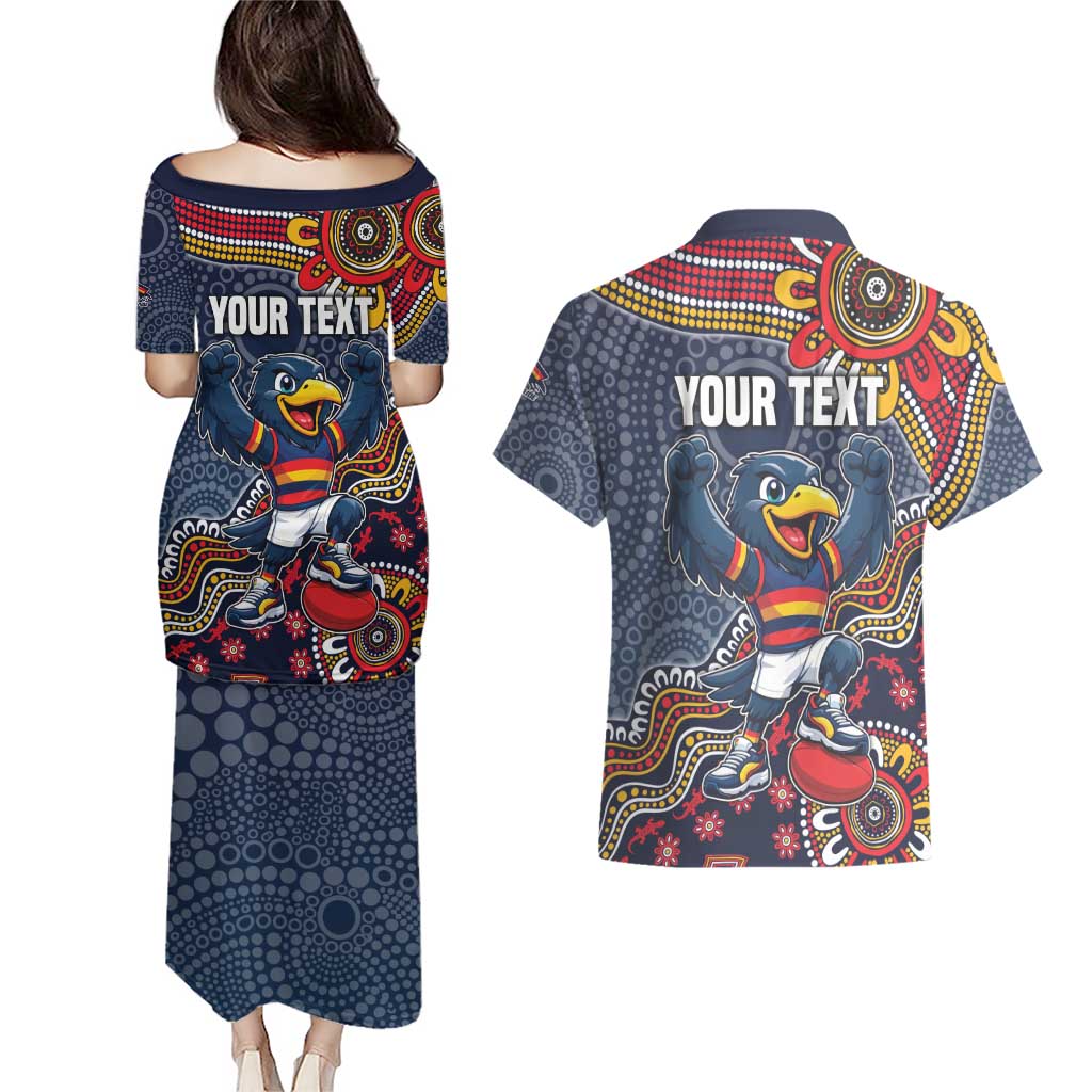 Personalized Adelaide Crows Mascot Couples Matching Puletasi and Hawaiian Shirt Aboriginal Dot Art Style Vibrant Indigenous Pattern Design