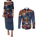 Personalized Adelaide Crows Mascot Couples Matching Puletasi and Long Sleeve Button Shirt Aboriginal Dot Art Style Vibrant Indigenous Pattern Design