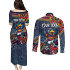 Personalized Adelaide Crows Mascot Couples Matching Puletasi and Long Sleeve Button Shirt Aboriginal Dot Art Style Vibrant Indigenous Pattern Design
