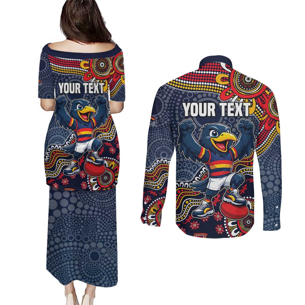 Personalized Adelaide Crows Mascot Couples Matching Puletasi and Long Sleeve Button Shirt Aboriginal Dot Art Style Vibrant Indigenous Pattern Design