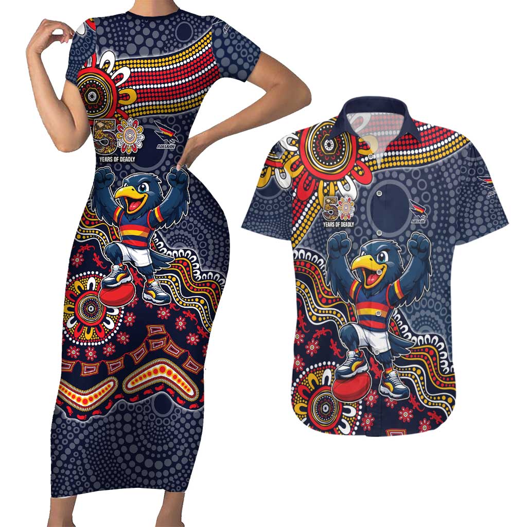 Personalized Adelaide Crows Mascot Couples Matching Short Sleeve Bodycon Dress and Hawaiian Shirt Aboriginal Dot Art Style Vibrant Indigenous Pattern Design
