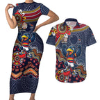 Personalized Adelaide Crows Mascot Couples Matching Short Sleeve Bodycon Dress and Hawaiian Shirt Aboriginal Dot Art Style Vibrant Indigenous Pattern Design