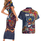 Personalized Adelaide Crows Mascot Couples Matching Short Sleeve Bodycon Dress and Hawaiian Shirt Aboriginal Dot Art Style Vibrant Indigenous Pattern Design