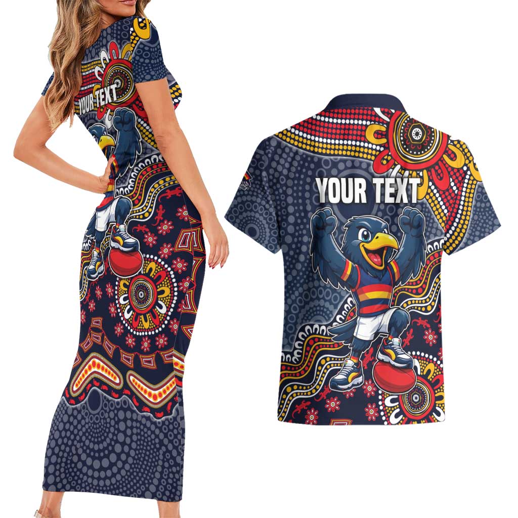 Personalized Adelaide Crows Mascot Couples Matching Short Sleeve Bodycon Dress and Hawaiian Shirt Aboriginal Dot Art Style Vibrant Indigenous Pattern Design