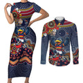 Personalized Adelaide Crows Mascot Couples Matching Short Sleeve Bodycon Dress and Long Sleeve Button Shirt Aboriginal Dot Art Style Vibrant Indigenous Pattern Design