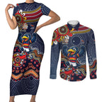 Personalized Adelaide Crows Mascot Couples Matching Short Sleeve Bodycon Dress and Long Sleeve Button Shirt Aboriginal Dot Art Style Vibrant Indigenous Pattern Design