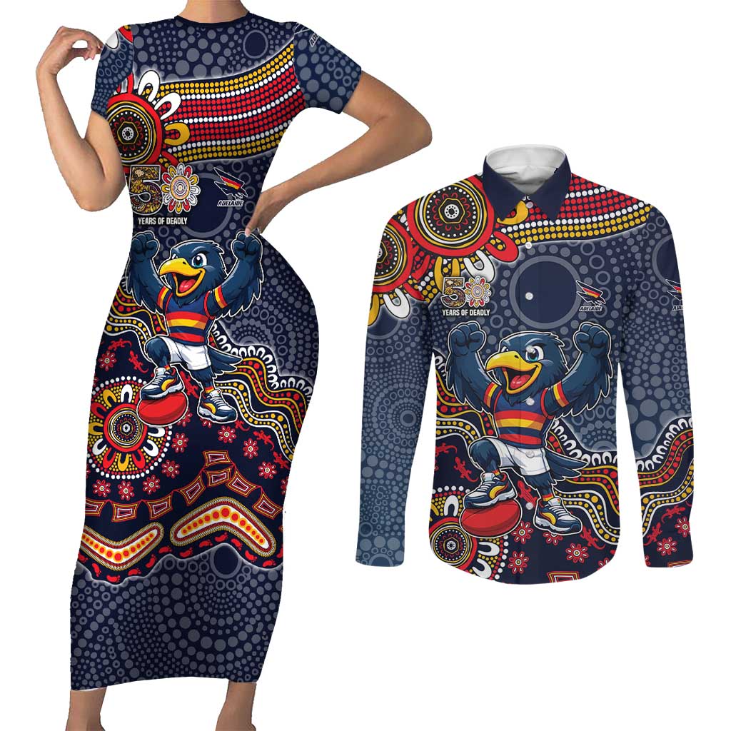 Personalized Adelaide Crows Mascot Couples Matching Short Sleeve Bodycon Dress and Long Sleeve Button Shirt Aboriginal Dot Art Style Vibrant Indigenous Pattern Design