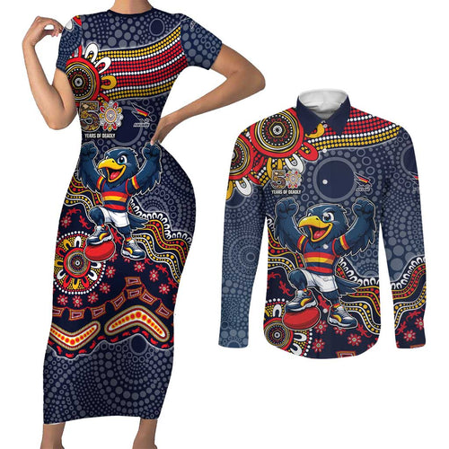 Personalized Adelaide Crows Mascot Couples Matching Short Sleeve Bodycon Dress and Long Sleeve Button Shirt Aboriginal Dot Art Style Vibrant Indigenous Pattern Design