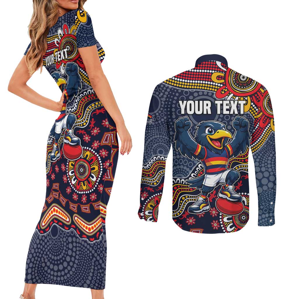 Personalized Adelaide Crows Mascot Couples Matching Short Sleeve Bodycon Dress and Long Sleeve Button Shirt Aboriginal Dot Art Style Vibrant Indigenous Pattern Design