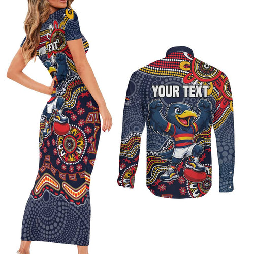 Personalized Adelaide Crows Mascot Couples Matching Short Sleeve Bodycon Dress and Long Sleeve Button Shirt Aboriginal Dot Art Style Vibrant Indigenous Pattern Design