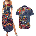 Personalized Adelaide Crows Mascot Couples Matching Summer Maxi Dress and Hawaiian Shirt Aboriginal Dot Art Style Vibrant Indigenous Pattern Design