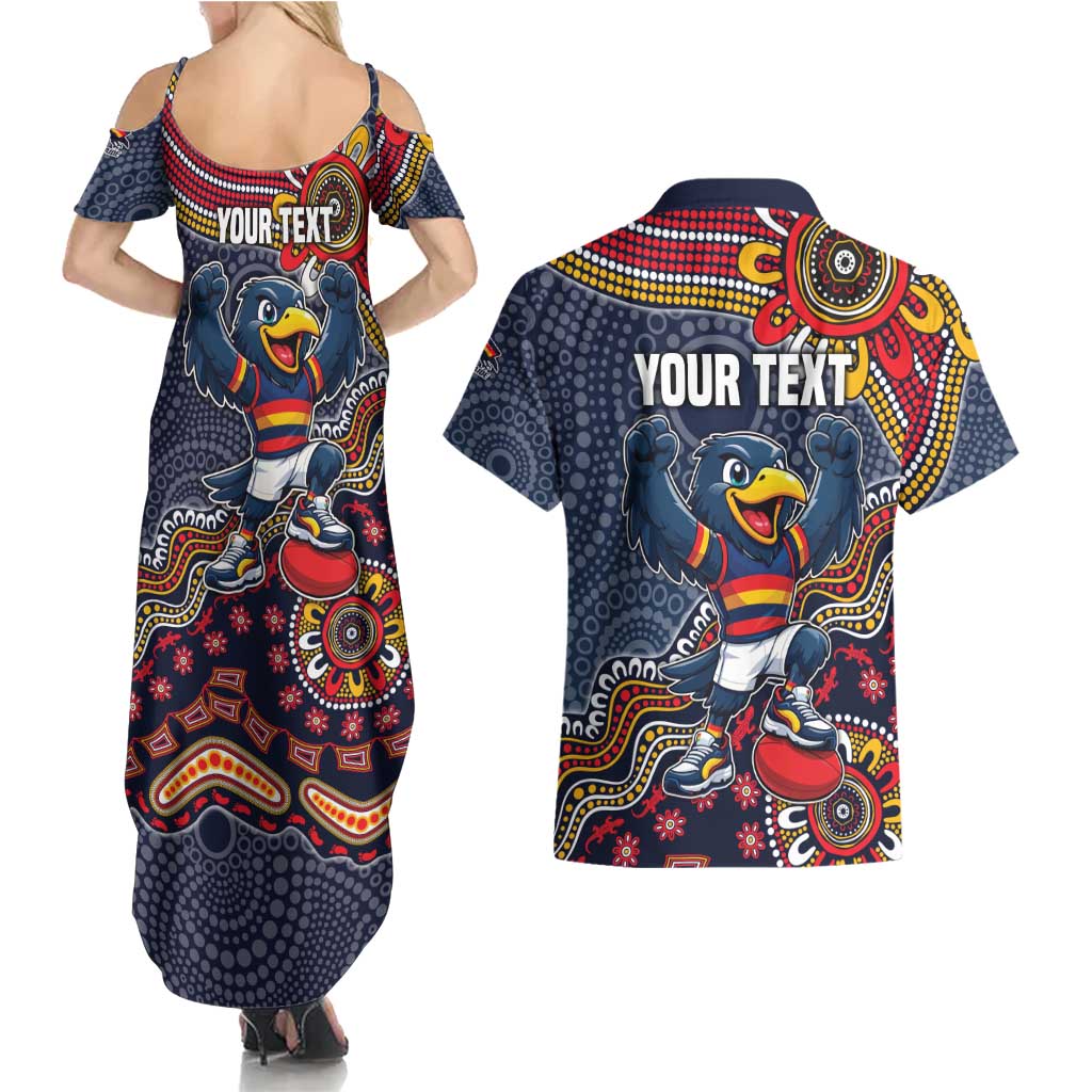 Personalized Adelaide Crows Mascot Couples Matching Summer Maxi Dress and Hawaiian Shirt Aboriginal Dot Art Style Vibrant Indigenous Pattern Design