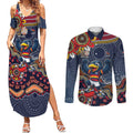 Personalized Adelaide Crows Mascot Couples Matching Summer Maxi Dress and Long Sleeve Button Shirt Aboriginal Dot Art Style Vibrant Indigenous Pattern Design