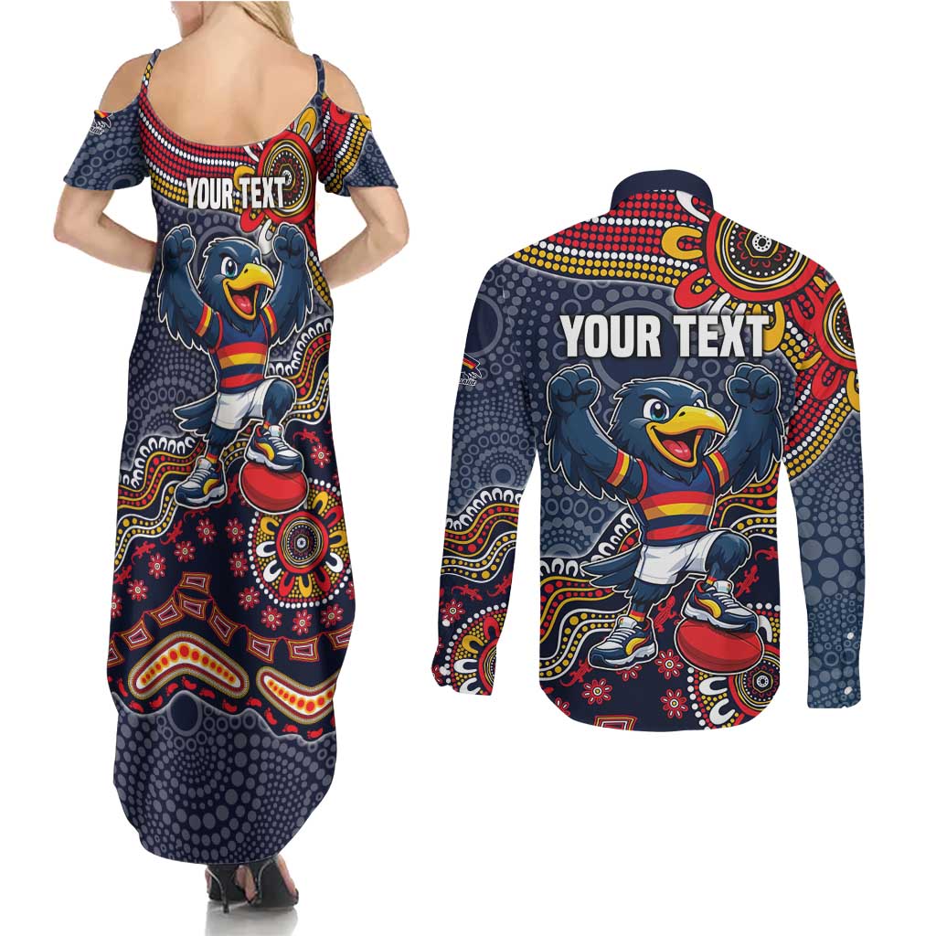 Personalized Adelaide Crows Mascot Couples Matching Summer Maxi Dress and Long Sleeve Button Shirt Aboriginal Dot Art Style Vibrant Indigenous Pattern Design