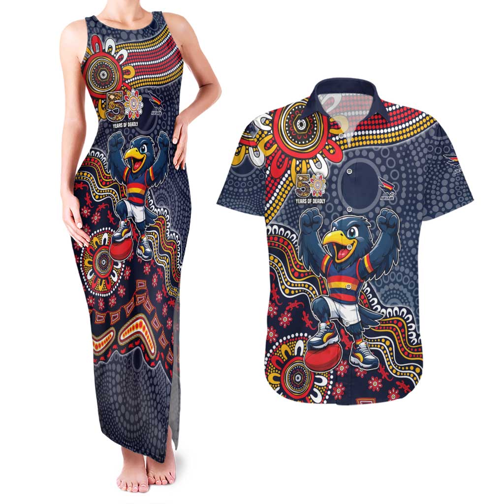 Personalized Adelaide Crows Mascot Couples Matching Tank Maxi Dress and Hawaiian Shirt Aboriginal Dot Art Style Vibrant Indigenous Pattern Design