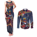 Personalized Adelaide Crows Mascot Couples Matching Tank Maxi Dress and Long Sleeve Button Shirt Aboriginal Dot Art Style Vibrant Indigenous Pattern Design