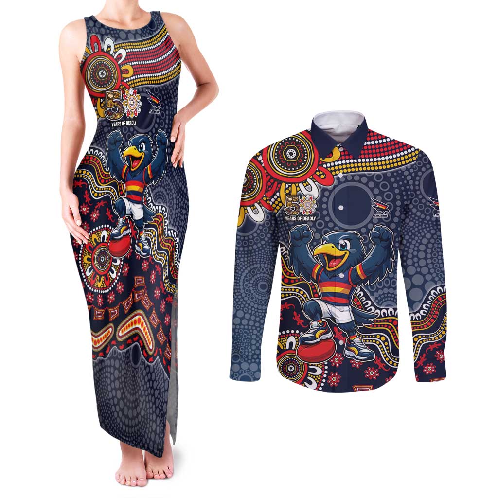 Personalized Adelaide Crows Mascot Couples Matching Tank Maxi Dress and Long Sleeve Button Shirt Aboriginal Dot Art Style Vibrant Indigenous Pattern Design