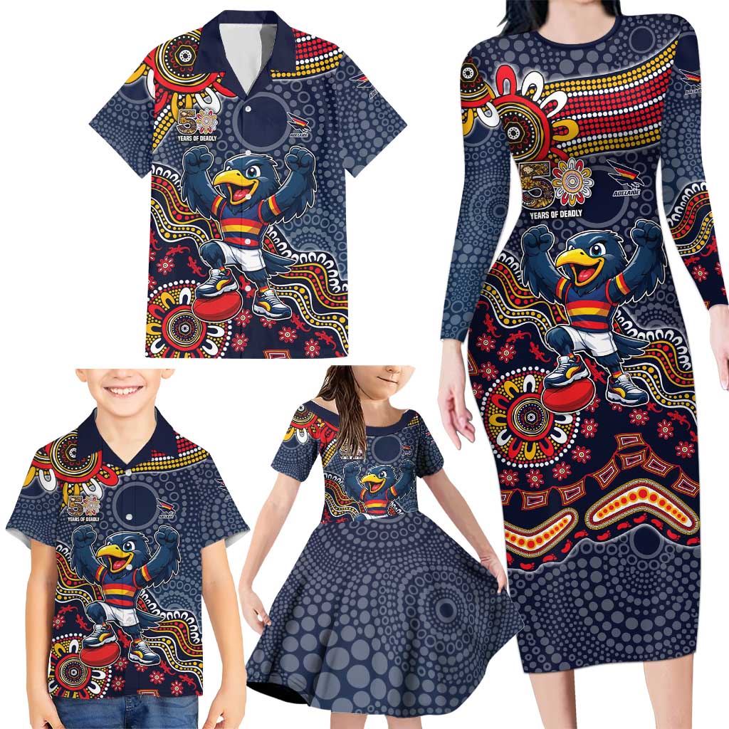 Personalized Adelaide Crows Mascot Family Matching Long Sleeve Bodycon Dress and Hawaiian Shirt Aboriginal Dot Art Style Vibrant Indigenous Pattern Design