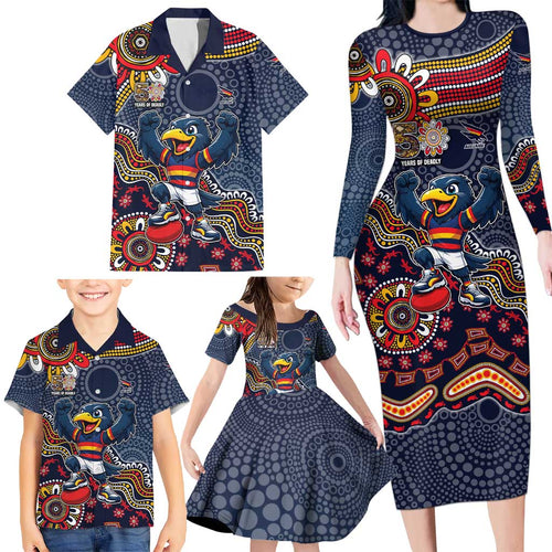Personalized Adelaide Crows Mascot Family Matching Long Sleeve Bodycon Dress and Hawaiian Shirt Aboriginal Dot Art Style Vibrant Indigenous Pattern Design