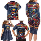 Personalized Adelaide Crows Mascot Family Matching Long Sleeve Bodycon Dress and Hawaiian Shirt Aboriginal Dot Art Style Vibrant Indigenous Pattern Design