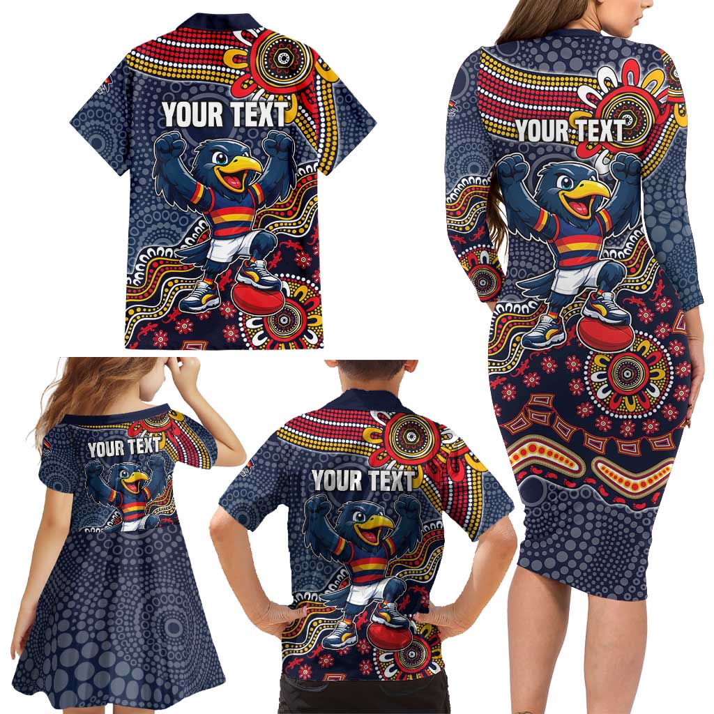 Personalized Adelaide Crows Mascot Family Matching Long Sleeve Bodycon Dress and Hawaiian Shirt Aboriginal Dot Art Style Vibrant Indigenous Pattern Design