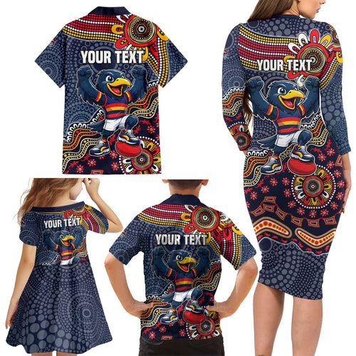 Personalized Adelaide Crows Mascot Family Matching Long Sleeve Bodycon Dress and Hawaiian Shirt Aboriginal Dot Art Style Vibrant Indigenous Pattern Design