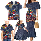 Personalized Adelaide Crows Mascot Family Matching Mermaid Dress and Hawaiian Shirt Aboriginal Dot Art Style Vibrant Indigenous Pattern Design