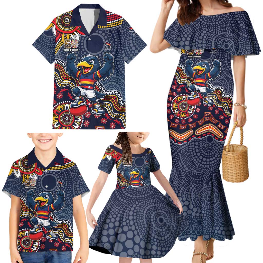 Personalized Adelaide Crows Mascot Family Matching Mermaid Dress and Hawaiian Shirt Aboriginal Dot Art Style Vibrant Indigenous Pattern Design