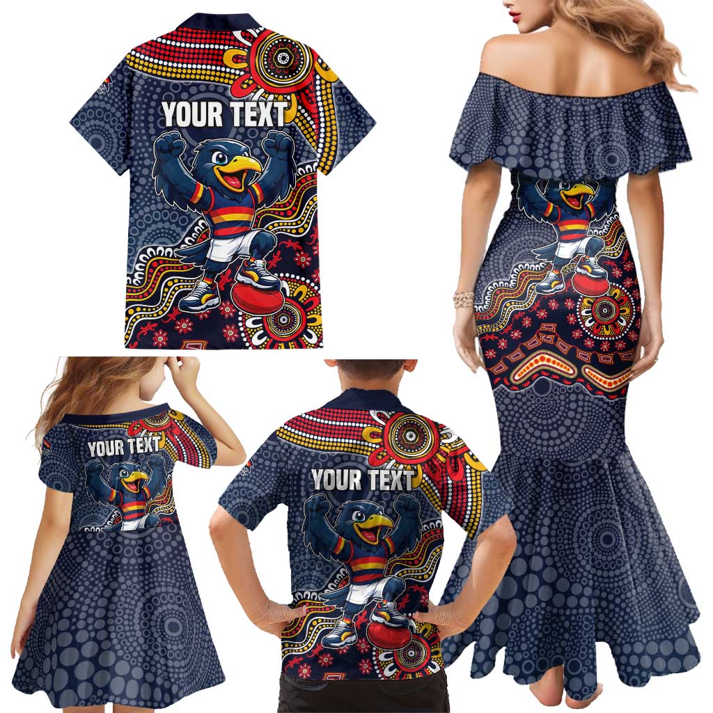 Personalized Adelaide Crows Mascot Family Matching Mermaid Dress and Hawaiian Shirt Aboriginal Dot Art Style Vibrant Indigenous Pattern Design